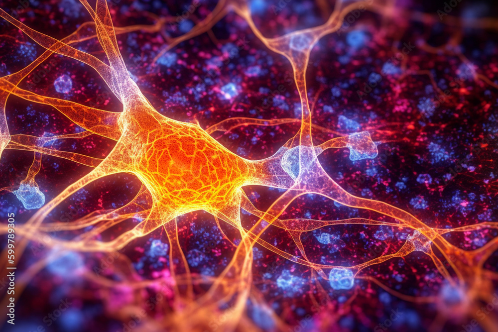 Leinwandbilder A micrograph image of synapses in the brain, with a dark background and bright, vivid colors highlighting the intricate connections.  Generative AI technology..