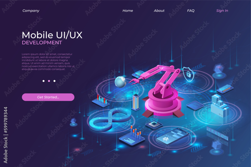 Leinwandbilder DevOps. AI technology. Isometric UI UX factory landing page. Mobile phone and laptop connection. Assembling robot and glowing devices. Development process. Vector illustration concept