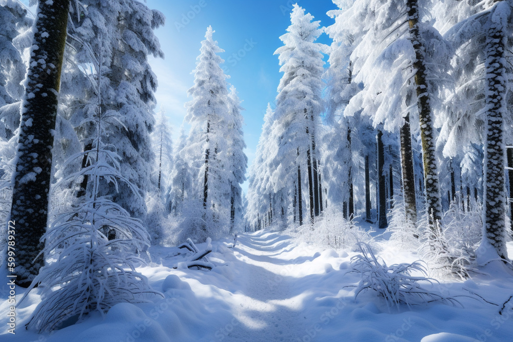 Poster a winter forest with snow-covered trees and a blue sky. generative ai technology..