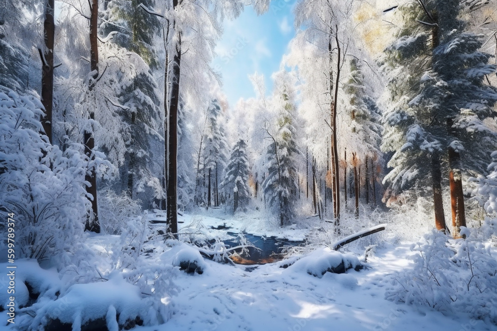 Poster a winter forest with snow-covered trees and a blue sky. generative ai technology..