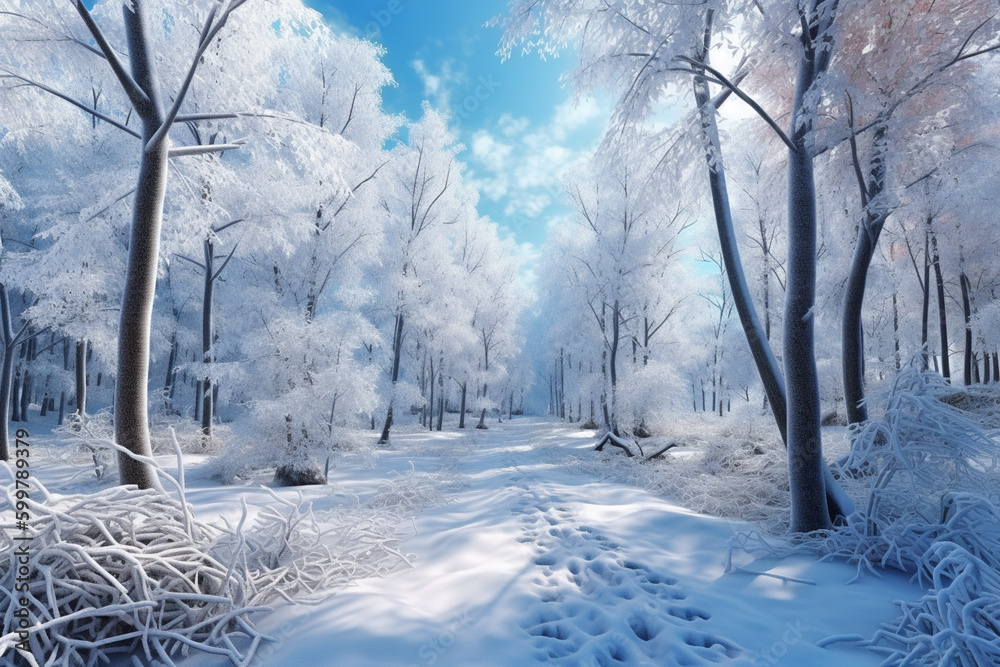 Poster a winter forest with snow-covered trees and a blue sky. generative ai technology..