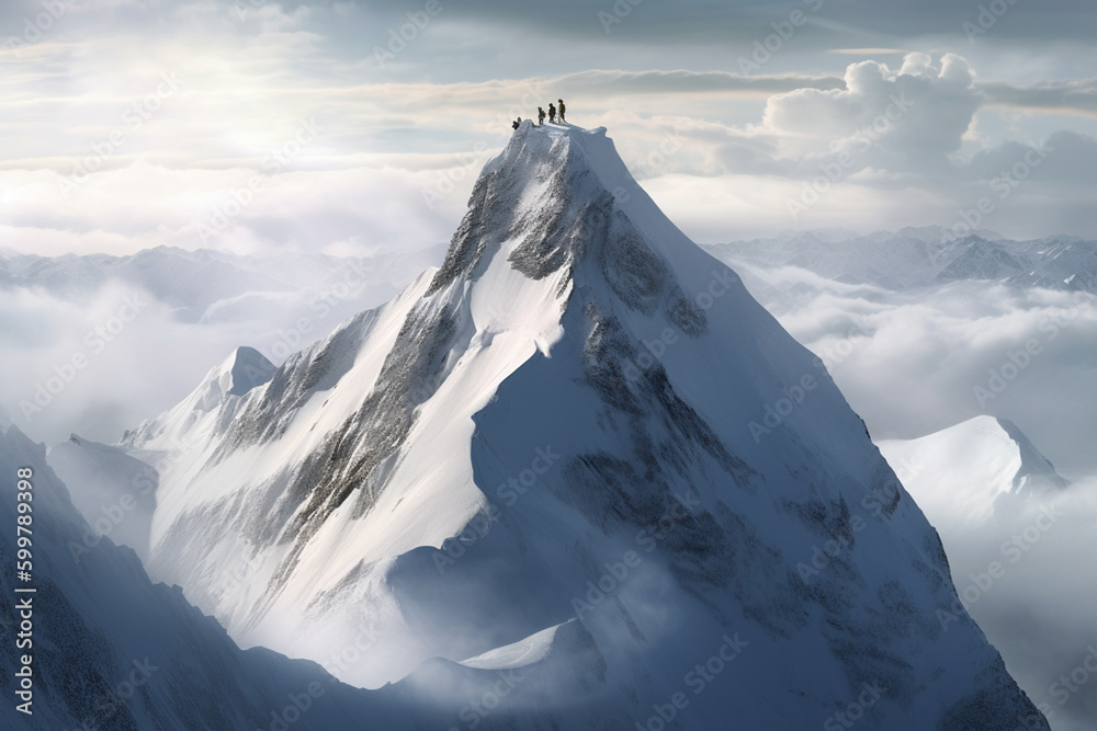 Poster A snowy mountain peak with skiers visible on the slopes.  Generative AI technology..