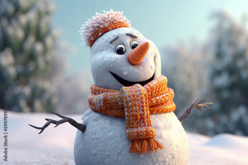 Poster A snowman with a carrot nose and a scarf. Generative AI technology..