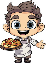 Happy chef man holding food illustration in doodle style