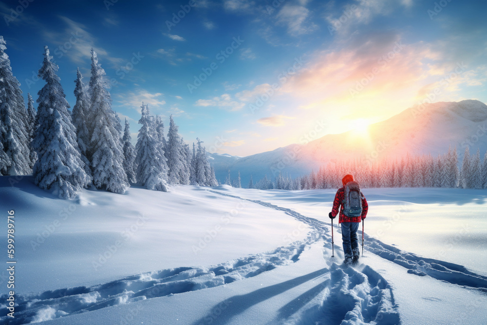 Poster a person snowshoeing or cross-country skiing through a winter landscape. generative ai technology..
