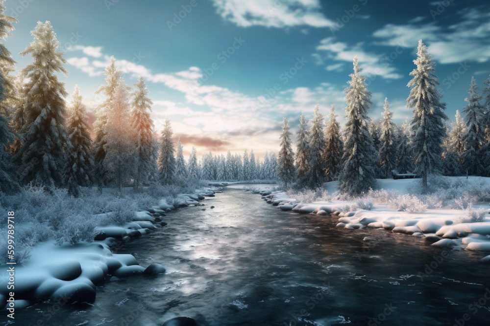 Aufkleber A frozen lake or river with snow-covered trees in the background. Generative AI technology..