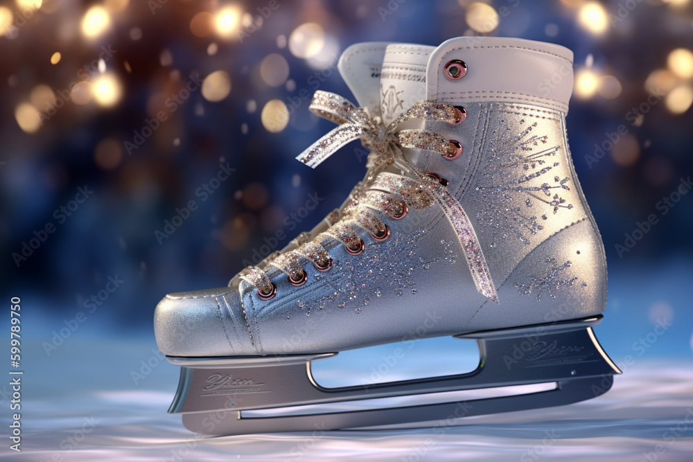 Poster A close-up of a pair of ice skates with snowflakes in the background.  Generative AI technology..