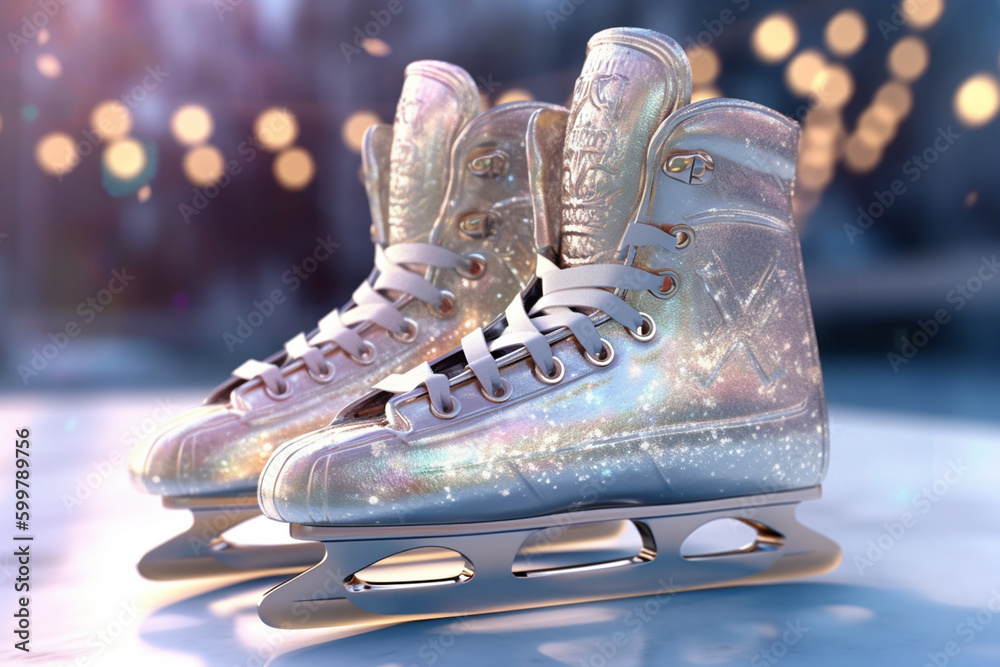 Poster A close-up of a pair of ice skates with snowflakes in the background.  Generative AI technology..