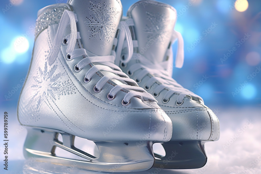 Poster A close-up of a pair of ice skates with snowflakes in the background.  Generative AI technology..