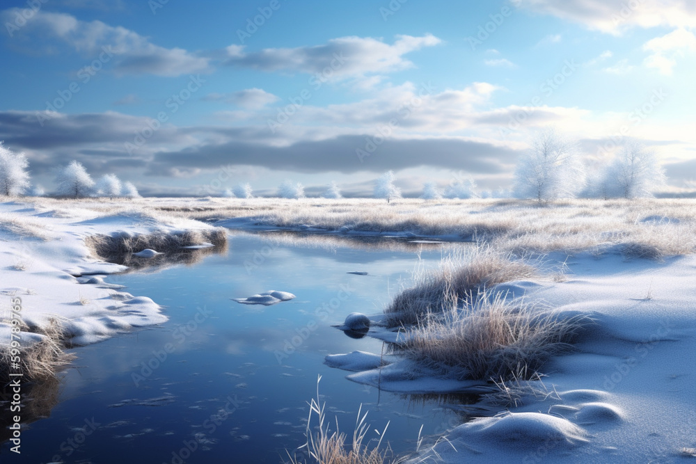 Poster a winter landscape with a frozen pond and a blue sky with clouds. generative ai technology..