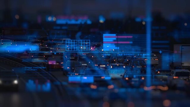 Technology data on night city road background. Communication business connection concept. 