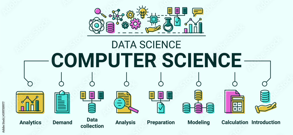 Aufkleber Data science. AI icons. Statistic process. Algorithms of innovation strategy. Information automation analysis. Calculation and analytics. Color pictograms. Vector infographic banner