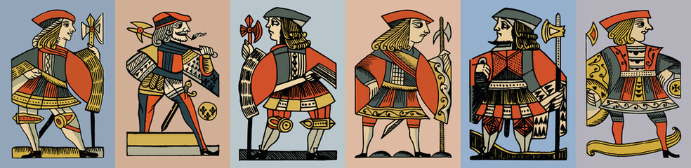 Ancient Roman legionary in various poses. Set of vector illustrations.