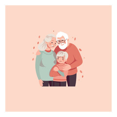 illustration of grand grandson hugging his grandparents. Grandparents' Day . modern flat color 