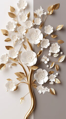 3d wallpaper floral tree background with white flower leaves and golden stem. interior wall home decor