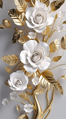 3d wallpaper floral tree background with white flower leaves and golden stem. interior wall home decor