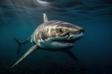 Naklejka premium A shark with an open mouth swims underwater, generative AI.