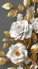 3d wallpaper floral tree background with white flower leaves and golden stem. interior wall home decor