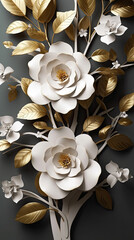 3d wallpaper floral tree background with white flower leaves and golden stem. interior wall home decor