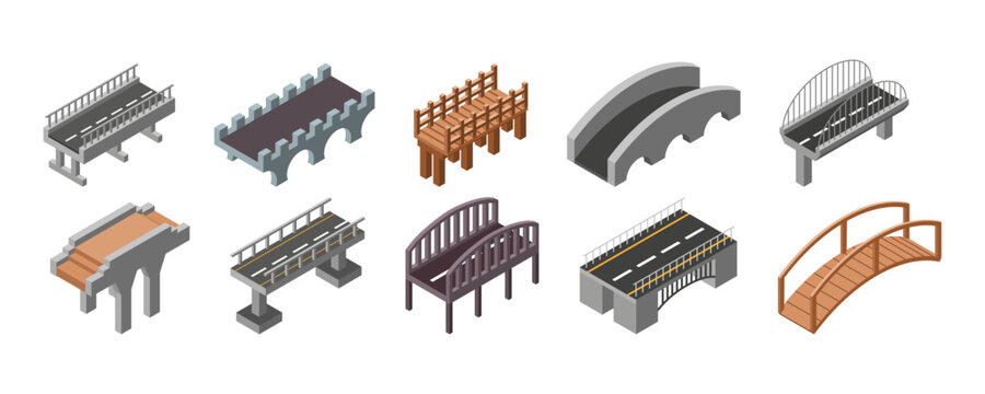 3D isometric road. Bridge construction. River footbridge. Concrete viaduct rail in perspective. Wooden or stone. Drawbridge with asphalt carriageway. Vector city landscape elements set