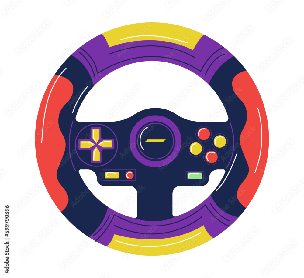 Poster Steering wheel joystick. Video game control device. Wireless gamepad with keypad buttons. Gaming technology. Virtual simulator joypad. Computer gadget. Vector drive race controller