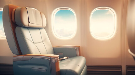 first class business airplane luxury seats for vacations travel banner Generative AI