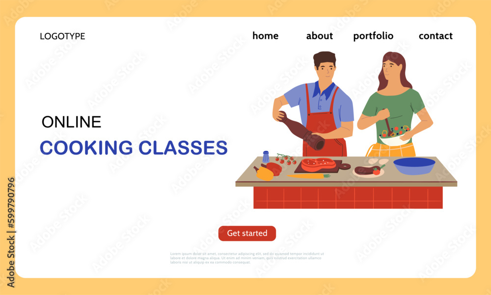 Poster cooking on kitchen. online food preparation classes landing page. culinary tutorial. distance intern
