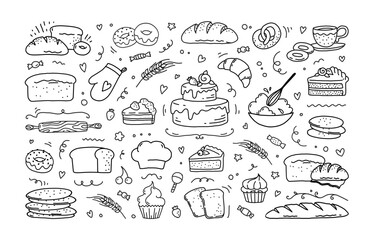 Bakery doodle set, sweet pastry, cupcake and cookies, hand drawn typography elements. Croissants for chefs gourmet menu or logo, confectionery shop logotype. Vector abstract illustration