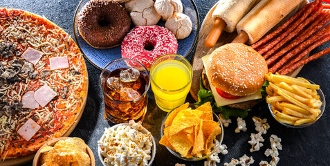 Foods enhancing the risk of cancer. Junk food - obrazy, fototapety, plakaty