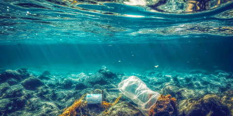 Naklejka na ściany i meble underwater garbage and plastic waste banner for environmental recycle concepts Generative AI