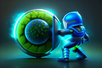 A blue superhero blocks a green virus