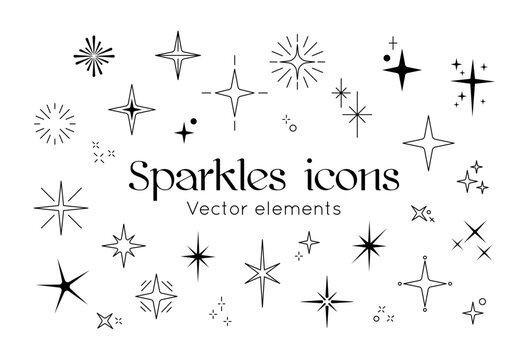 Glitter sparkle icons. Star twinkle, shiny festive elements, modern magic spark, light or glow decoration, flare. Shimmer effect for decoration, shining lights. Vector geometric pictograms set