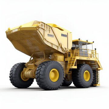 view futuristic Komatsu 980E scifi mining ground vehicle from the passenger side, huge wheels, rick owens, studio lighting, white background, 8k
