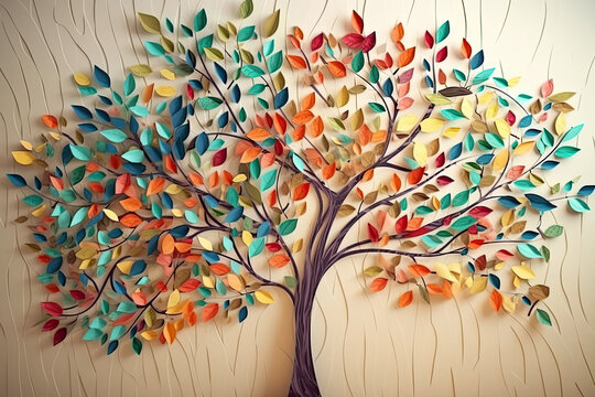 Colorful tree with leaves on hanging branches illustration background