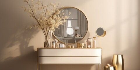 Empty modern, minimal beige dressing table, gold handle drawer storage, twig glass vase, round vanity mirror in cream wall bedroom in sunlight for luxury beauty With Generative AI technology