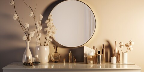 Empty modern, minimal beige dressing table, gold handle drawer storage, twig glass vase, round vanity mirror in cream wall bedroom in sunlight for luxury beauty With Generative AI technology
