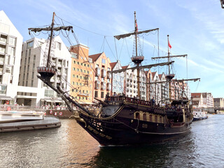 Restaurant in the form of a pirate ship in the city of Gdansk. Poland