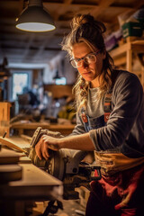 A young female carpenter works with wood in a joinery - ai generative