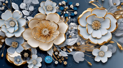 Fototapeta na wymiar 3d mural illustration white & blue background with golden jewelry and flowers, in black decorative wallpaper