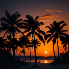 Strand mit Palmen während Sonnenuntergang
