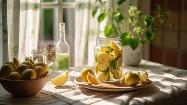 Fresh lemonade and lime fruit slices on a tablecloth near beautiful rural cottage kitchen window with natural sunshine, old rustic wooden table, wicker baskets, organic homegrown - generative AI  