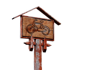 The wooden sign showed bicycle lane on white background