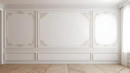 White wall with classic style mouldings and wooden floor, empty room interior, 3d render