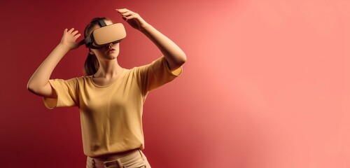 A woman wearing a vr headset stands in front of a red background. Genarative ai