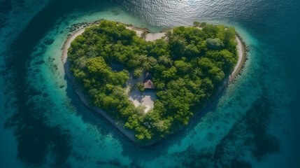 Small island in the shape of heart. Concept background for travel compagny. Generative AI.