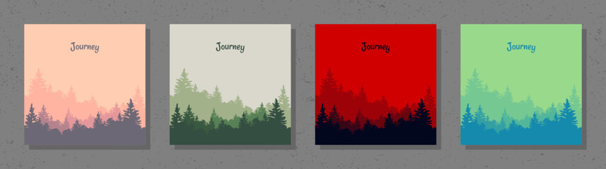 A set of minimalist woods landscapes in a flat style vector illustration for wall art and wallpapers. 