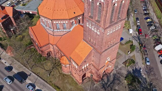 Drone shot of Maria, Hilfe der Christen (Mary, help of the Christians ) . It is a Roman Catholic parish church in the Berlin district of Spandau , Germany