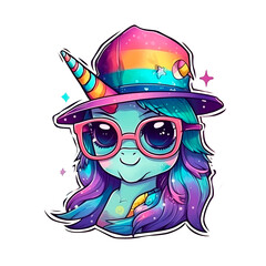 chica magica brillante unicornio con gafas y gorra