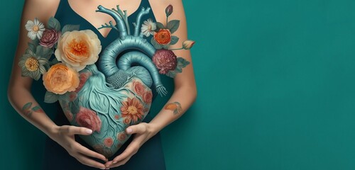 A pregnant woman with a floral heart on her belly