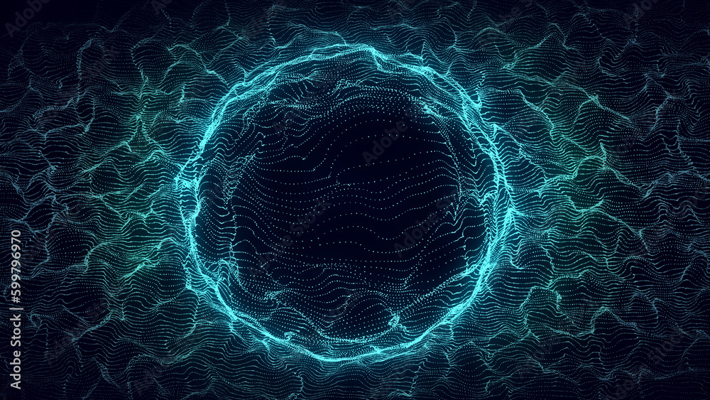 Poster Abstract blue sphere with connecting dots. Wireframe technology sphere of particles. Big data visualization. 3d rendering.